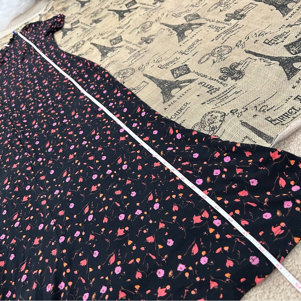 Free People NWOT! Black Pink Floral Puff Sleeve Crew Neck  Midi Stretch Dress - Picture 10 of 16